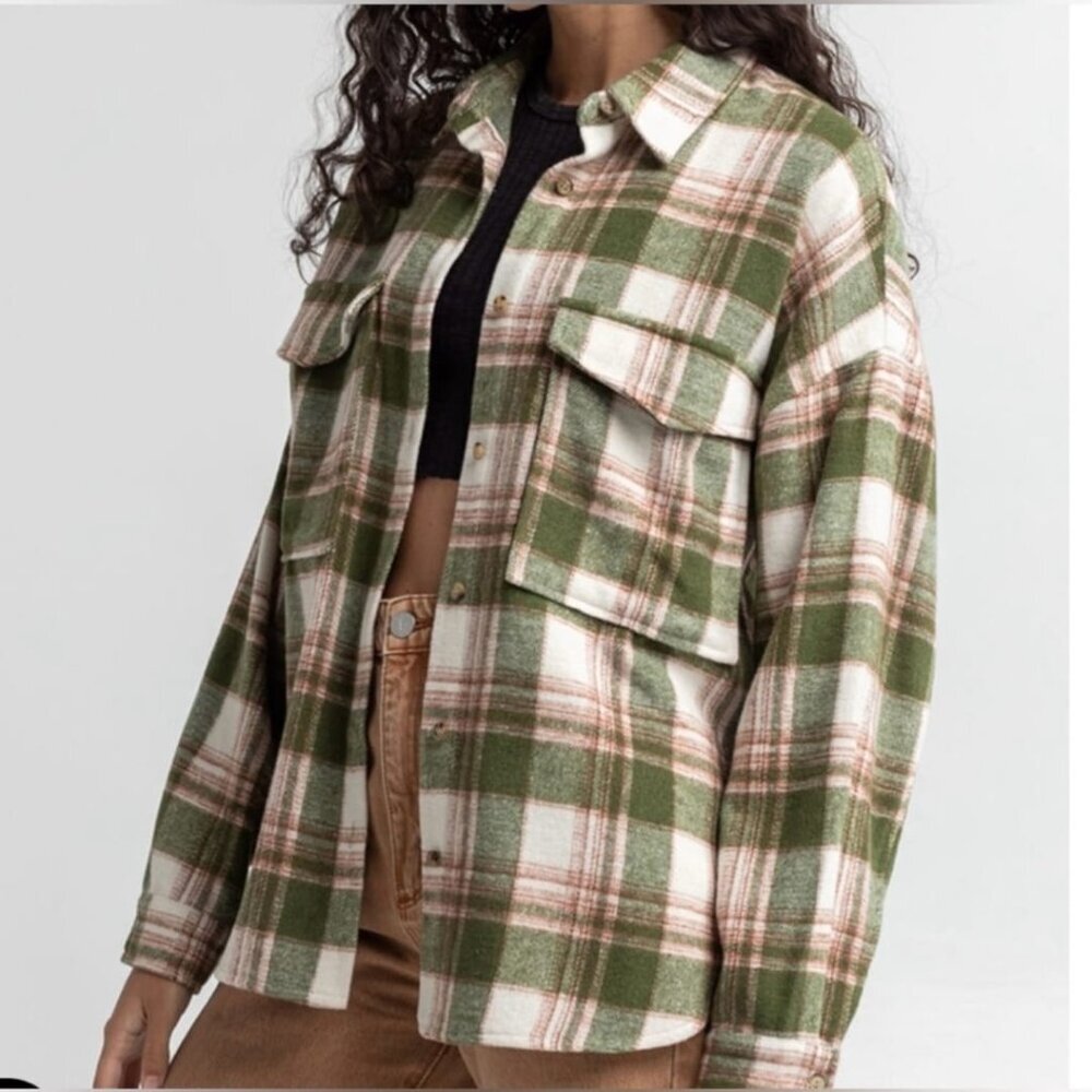 ACOA Green Plaid Flannel Long Sleeve Shacket Size Large NWOT